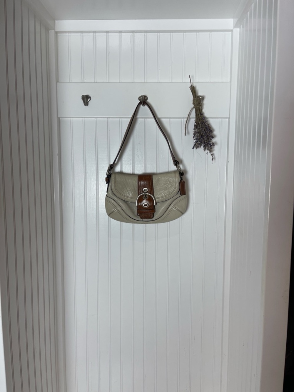 Coach Pebbled Leather Shoulder Bag in Cream with Brown Trim